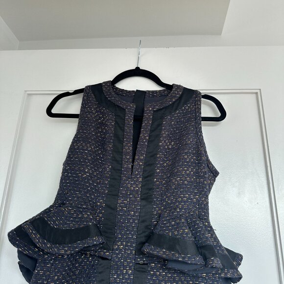 Altuzarra Peplum Pencil Dress Sz 38 Blue Black Gold Tweed Ruffle Trim - Picture 4 of 8